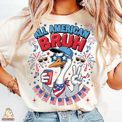 a woman wearing a t - shirt that says all american bruh