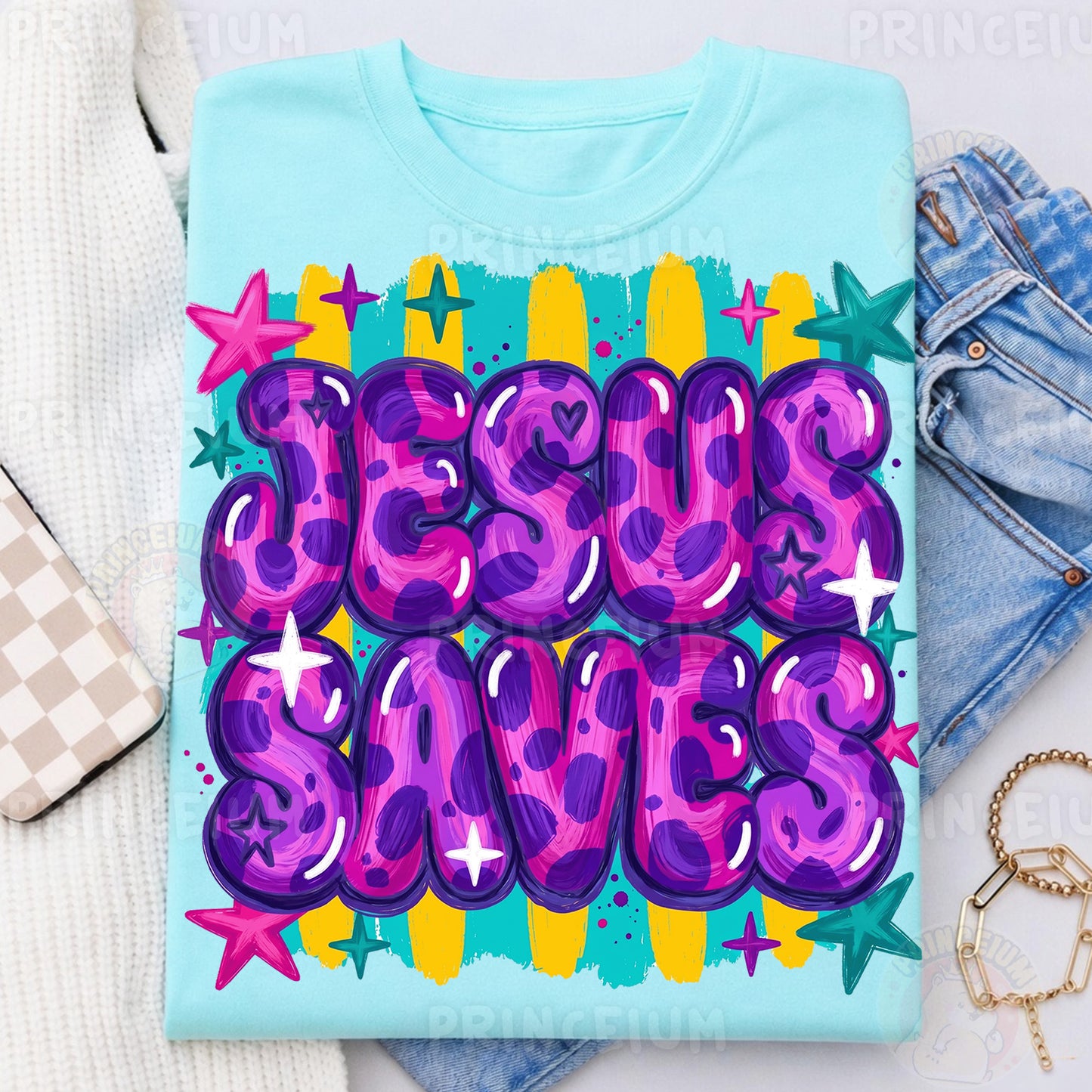 Jesus Saves Sublimation Design PNG | Colorful Leopard Print Christian Digital Download