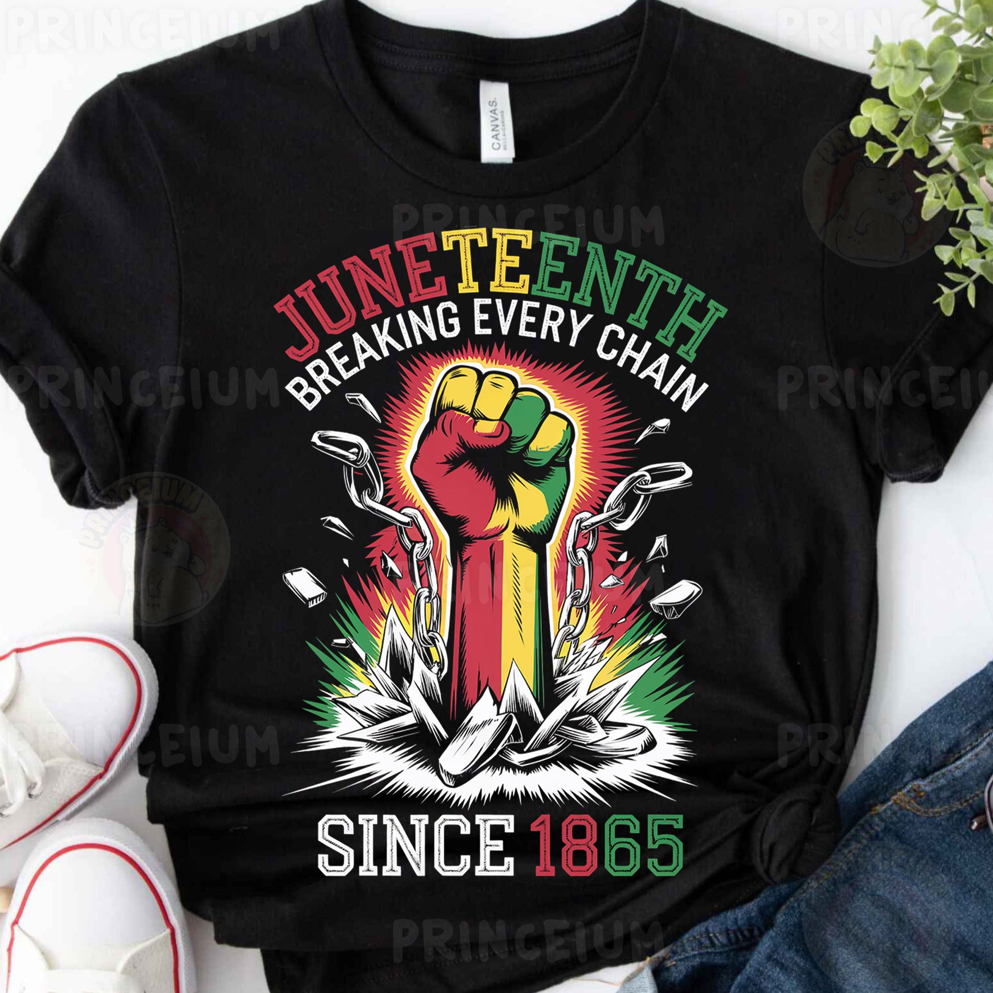 a black t - shirt with the words juneteeth breaking every chain since 1865