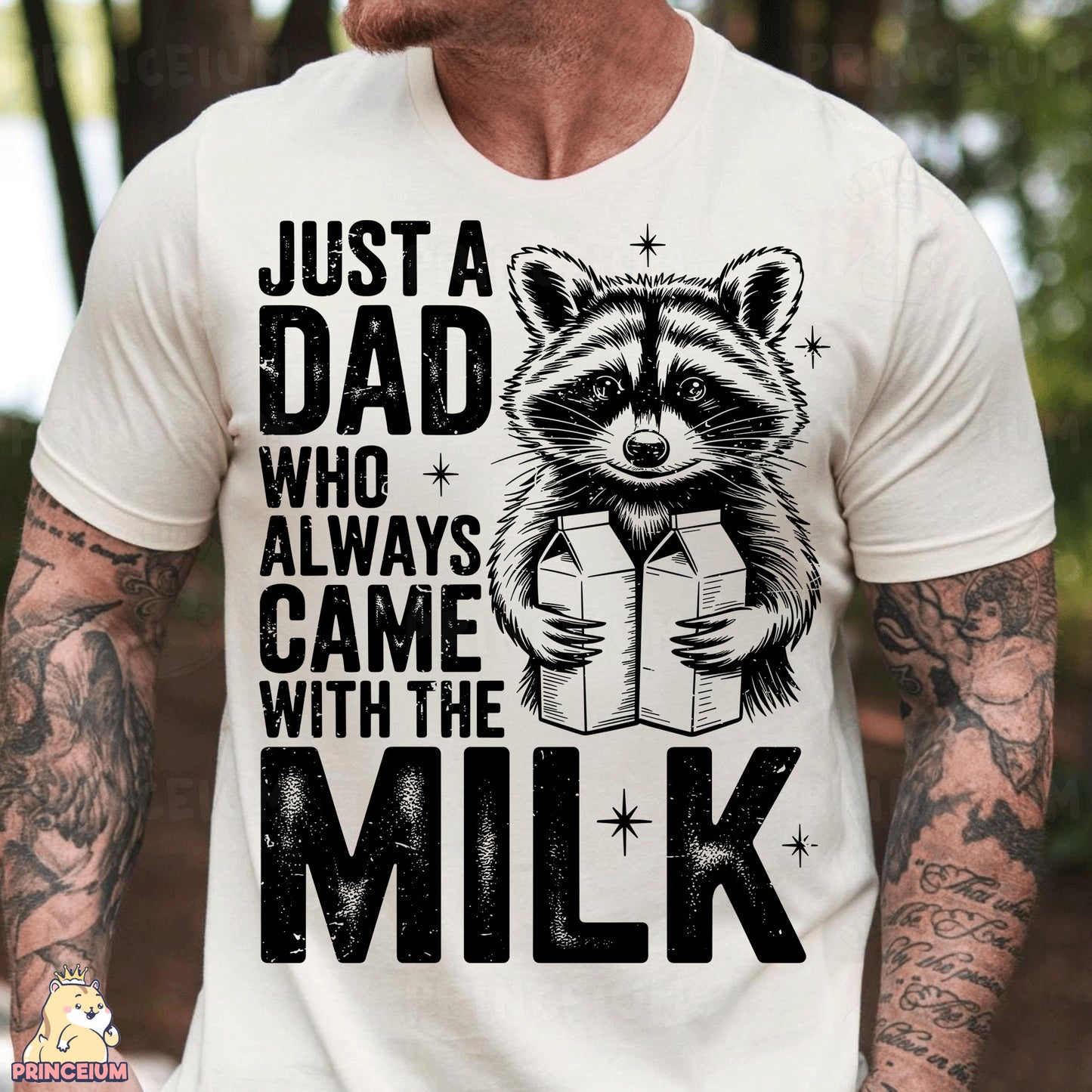 a man wearing a white shirt with a raccoon on it