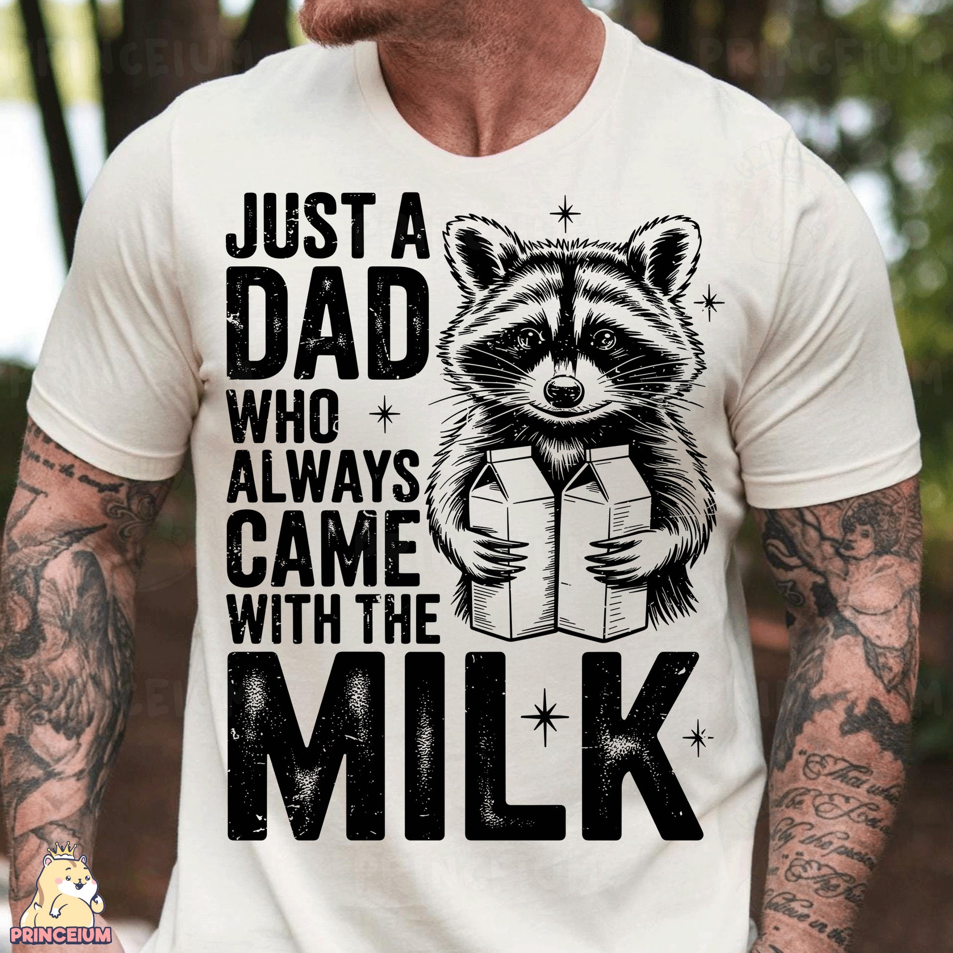 a man wearing a white shirt with a raccoon on it