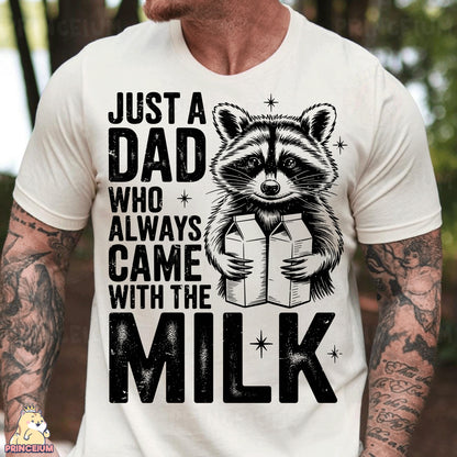 a man wearing a white shirt with a raccoon on it