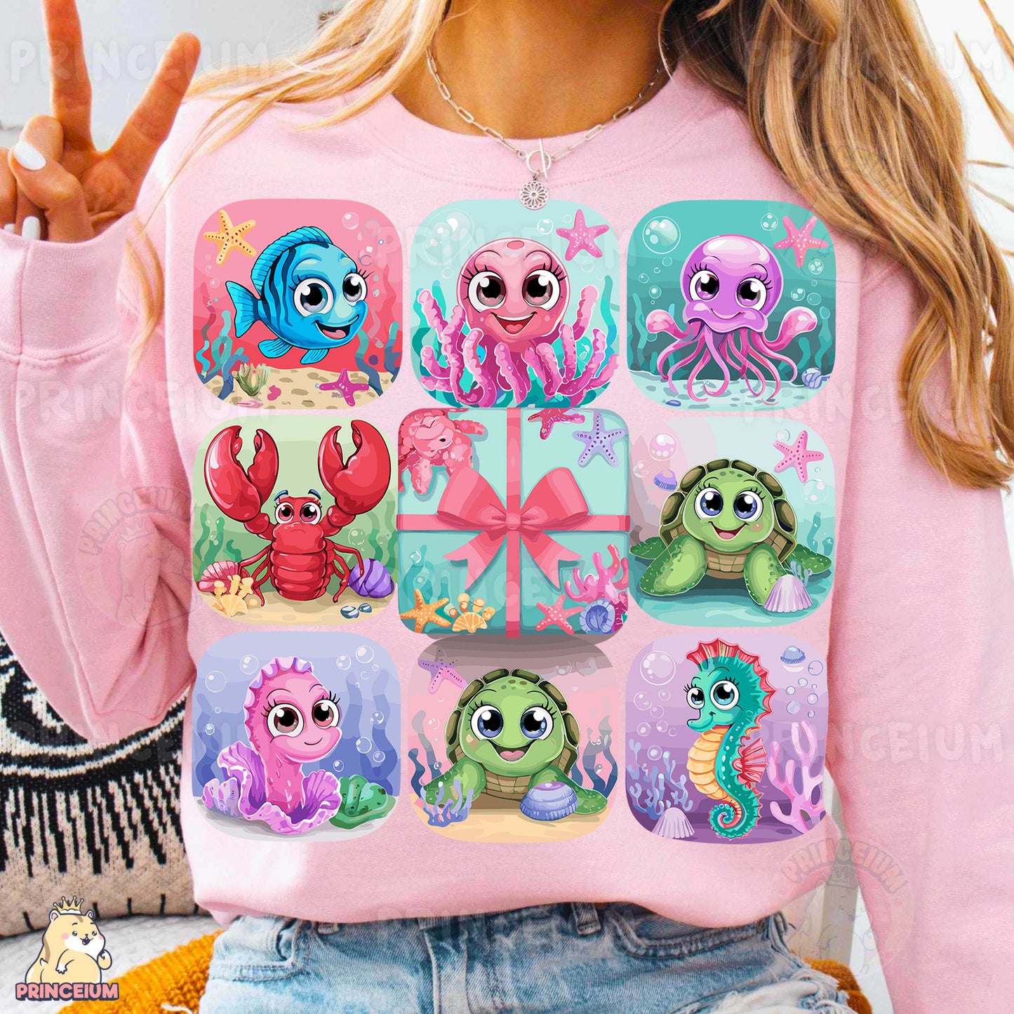 a woman wearing a pink shirt with a picture of a sea creature on it