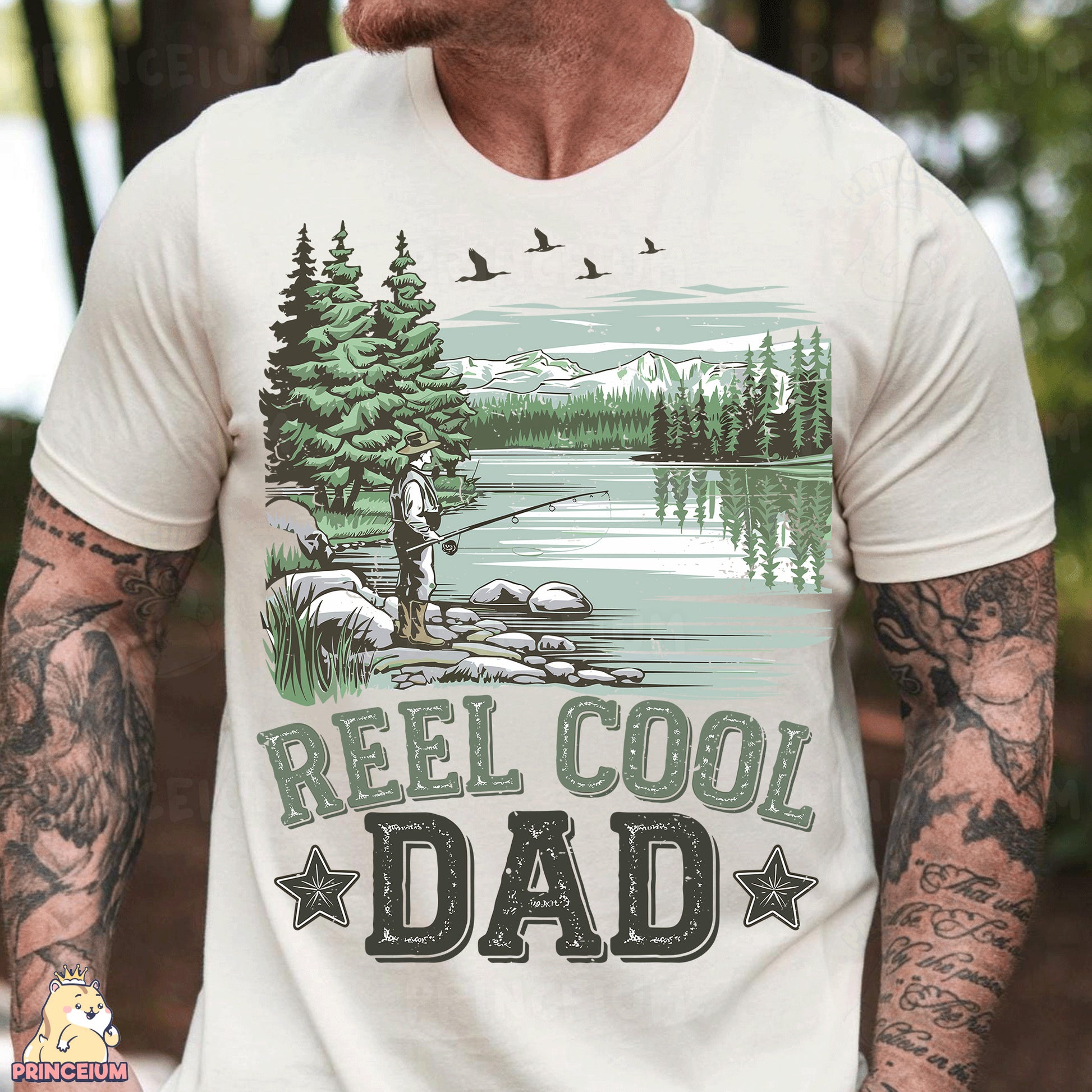 a man with a beard wearing a t - shirt that says reel cool dad