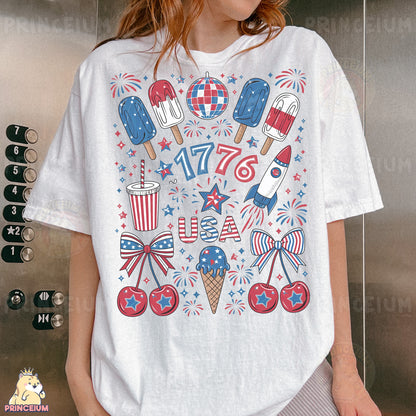 a woman wearing a white shirt with fireworks and ice cream on it