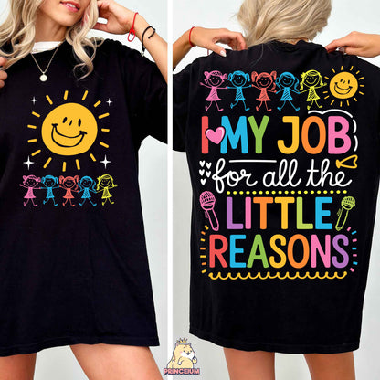 a woman wearing a t - shirt that says, my job for all the little