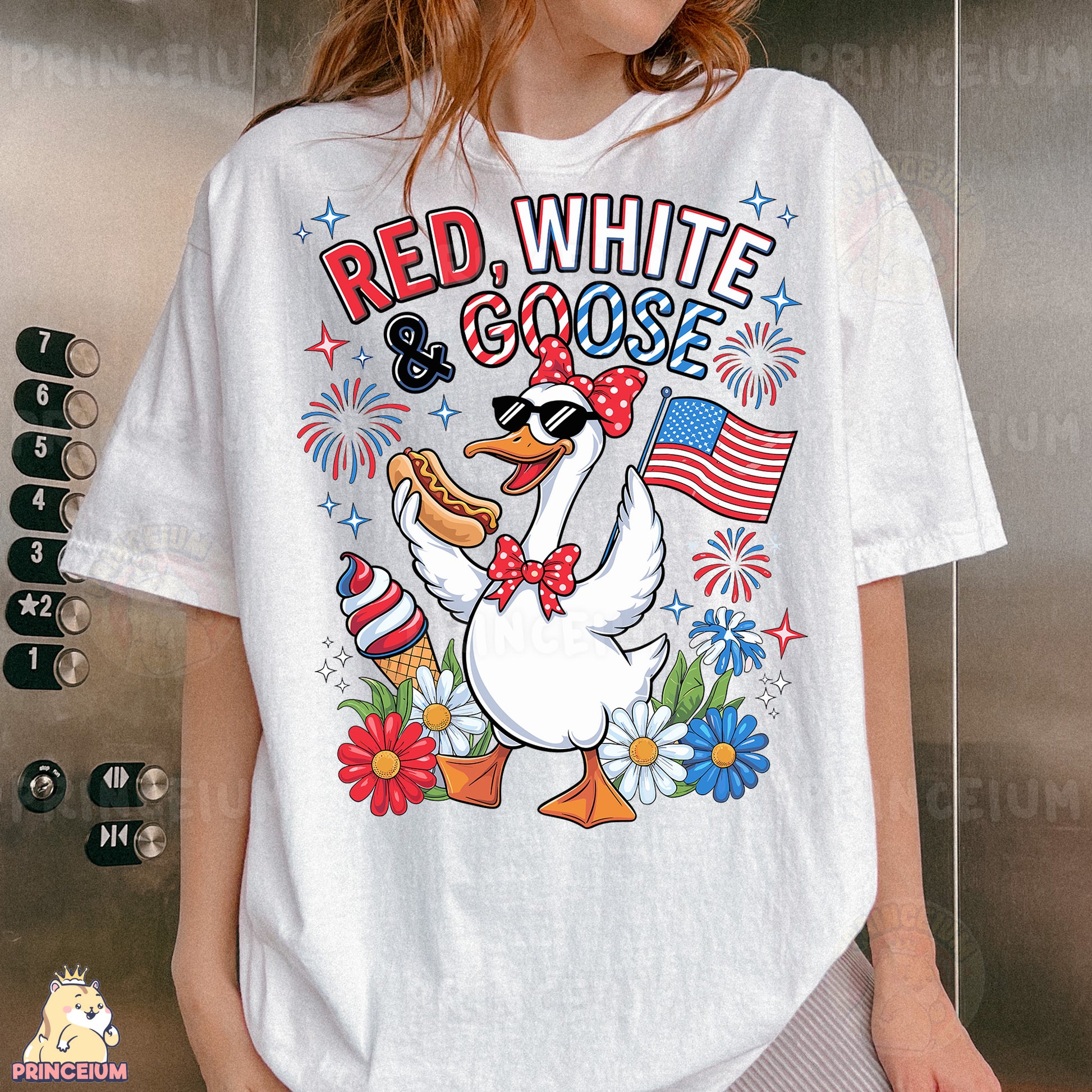 a woman wearing a red white and goose shirt