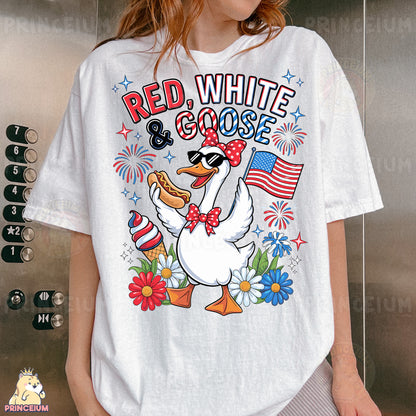 a woman wearing a red white and goose shirt
