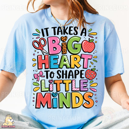 a girl wearing a t - shirt that says it takes a big heart to shape