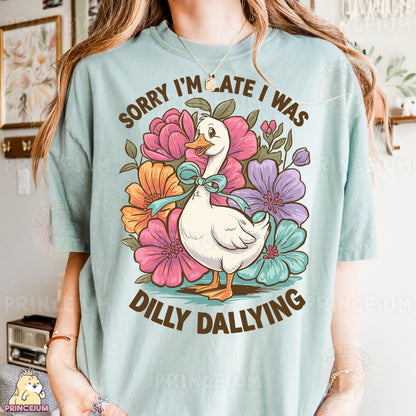 a woman wearing a t - shirt that says sorry i'm late i was