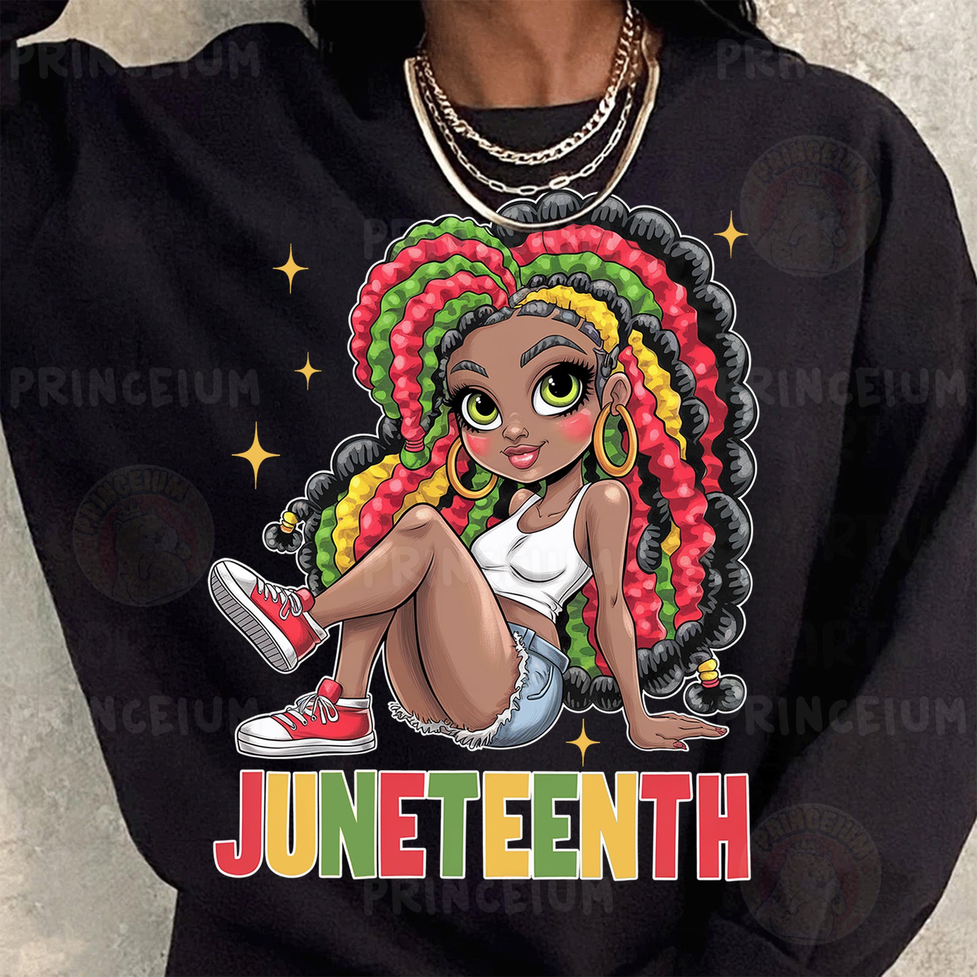 a woman wearing a black shirt with a cartoon character on it