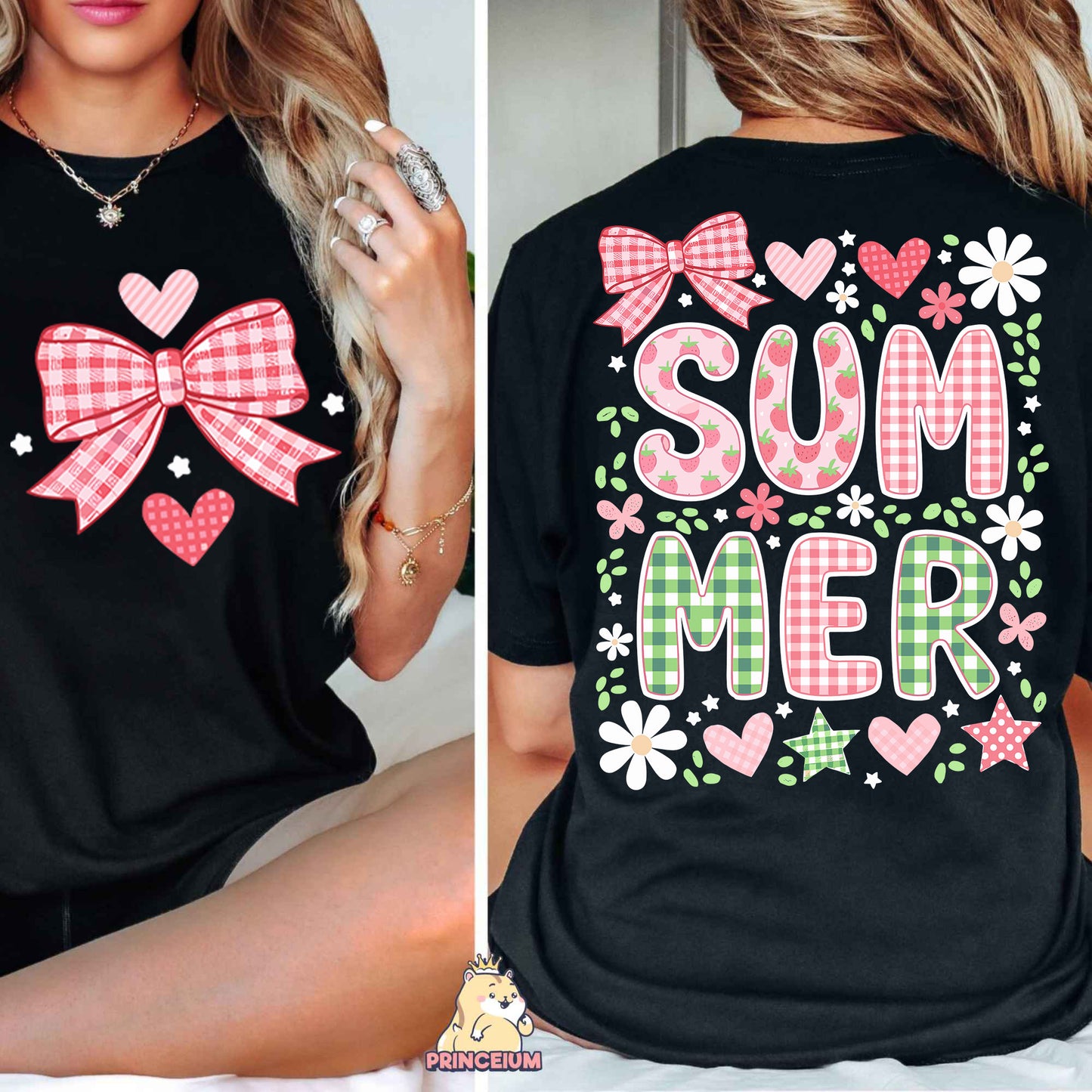 a woman wearing a black shirt with a pink bow on it