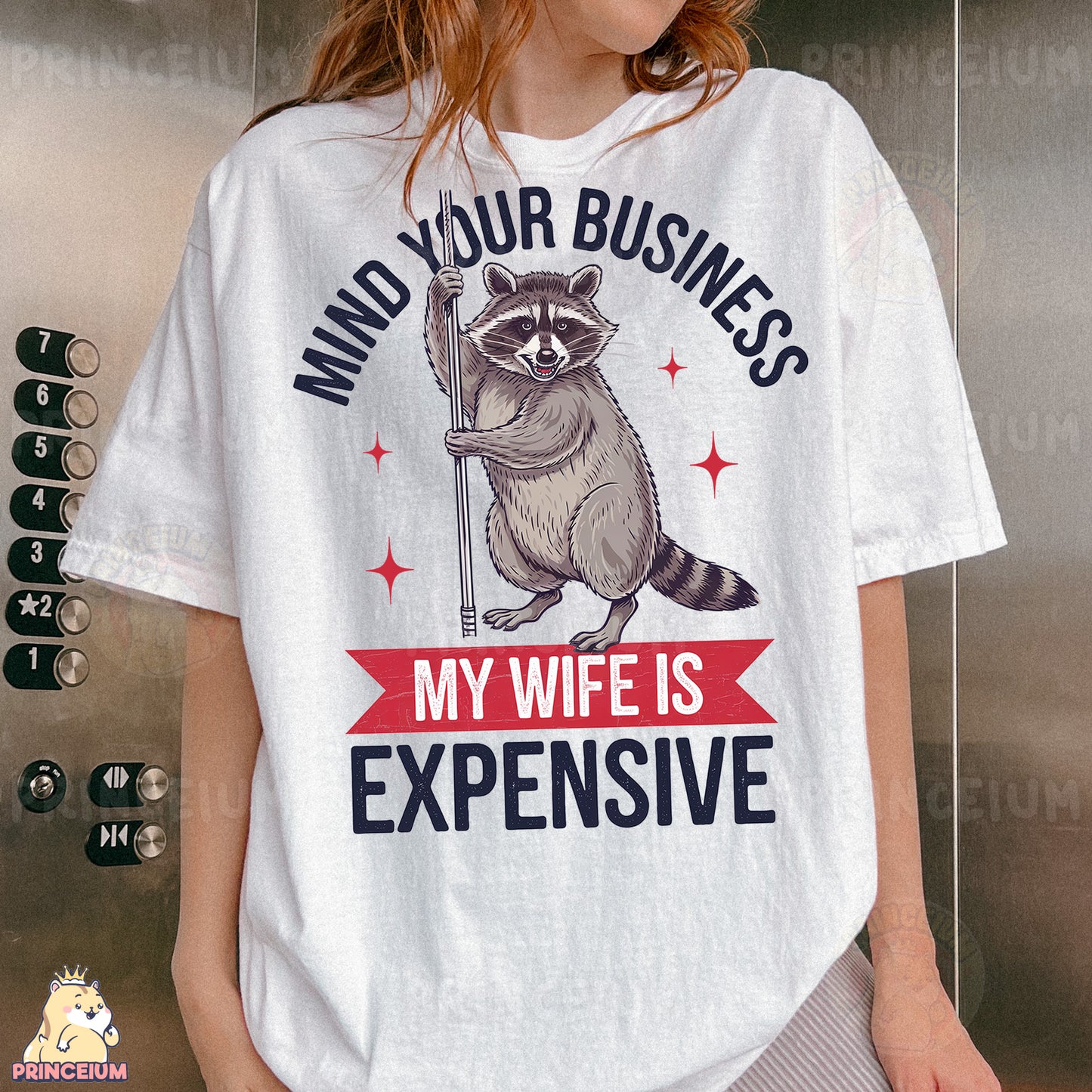 a woman wearing a white shirt with a raccoon on it