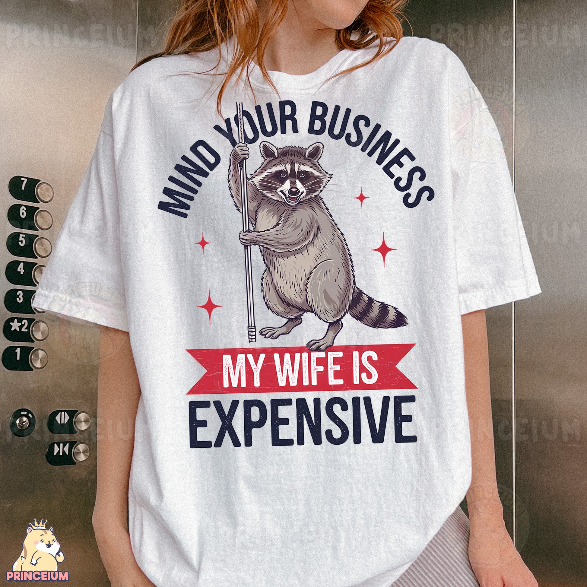 a woman wearing a white shirt with a raccoon on it