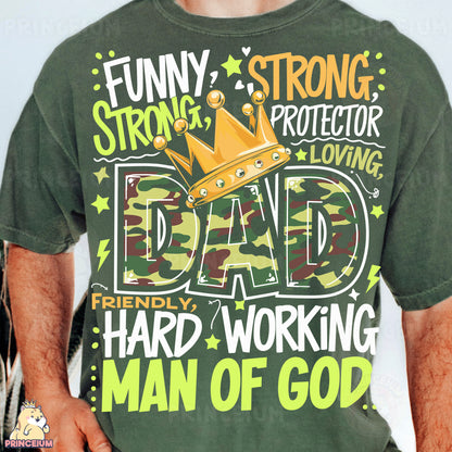 a man wearing a funny t - shirt with a crown on it