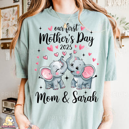 a woman wearing a t - shirt that says our first mother's day mom