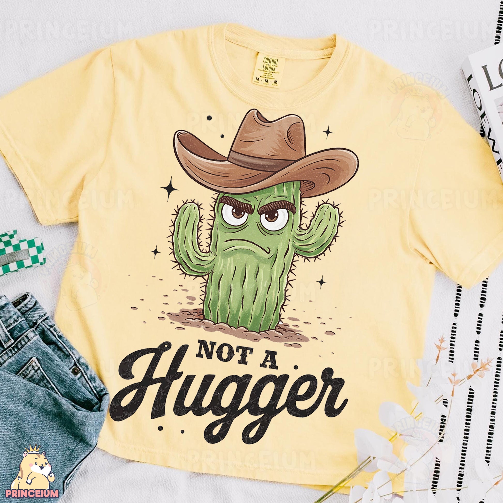 a cactus wearing a cowboy hat with the words not a hugger on it