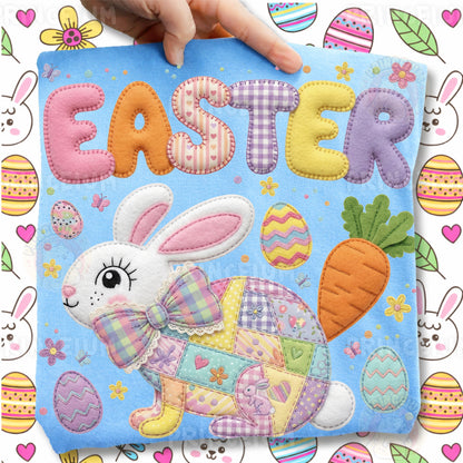 Easter Bunny PNG, Cute Patchwork Rabbit with Eggs and Carrot, Pastel Spring Easter Clipart