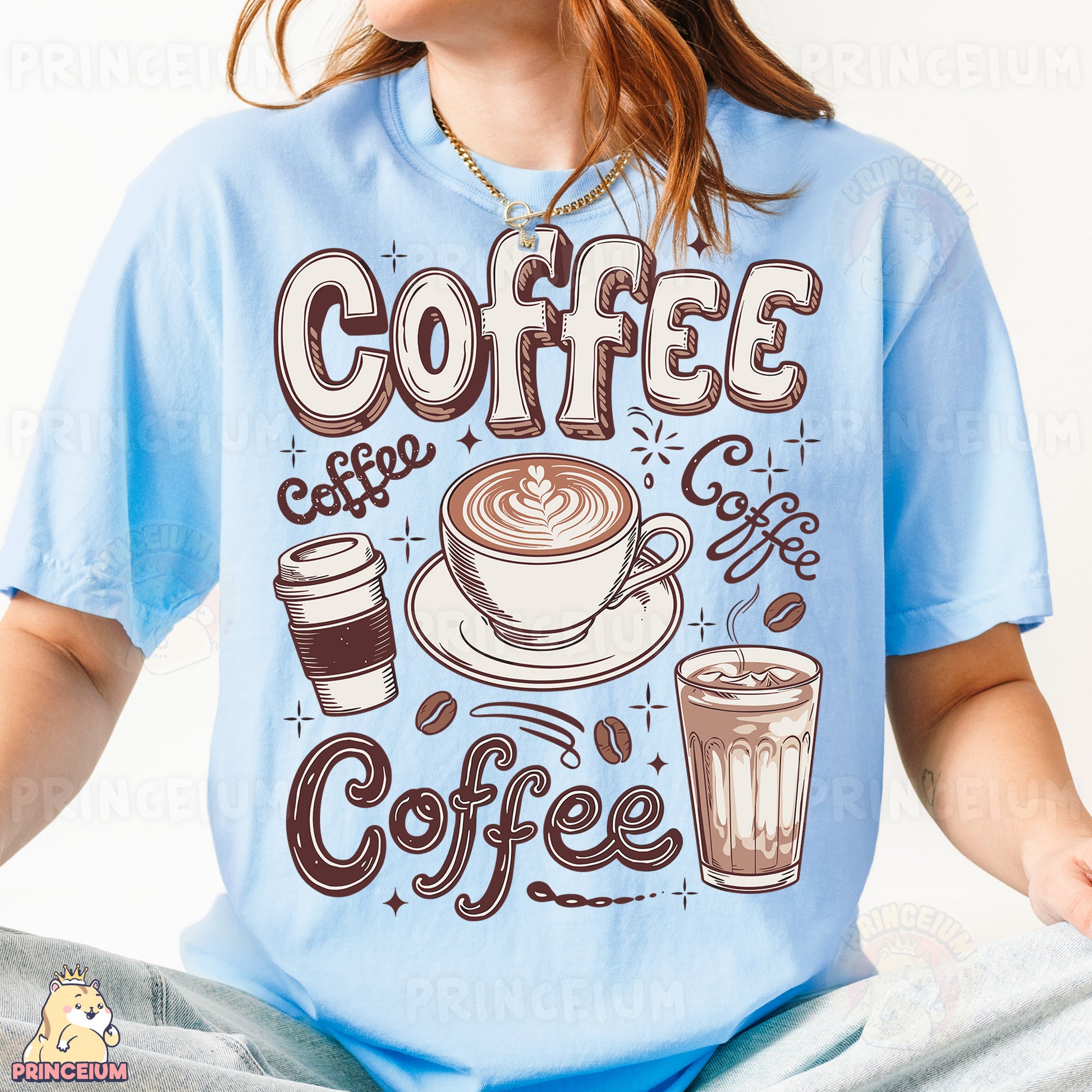 a woman wearing a blue shirt with coffee on it