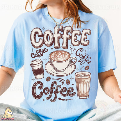 a woman wearing a blue shirt with coffee on it