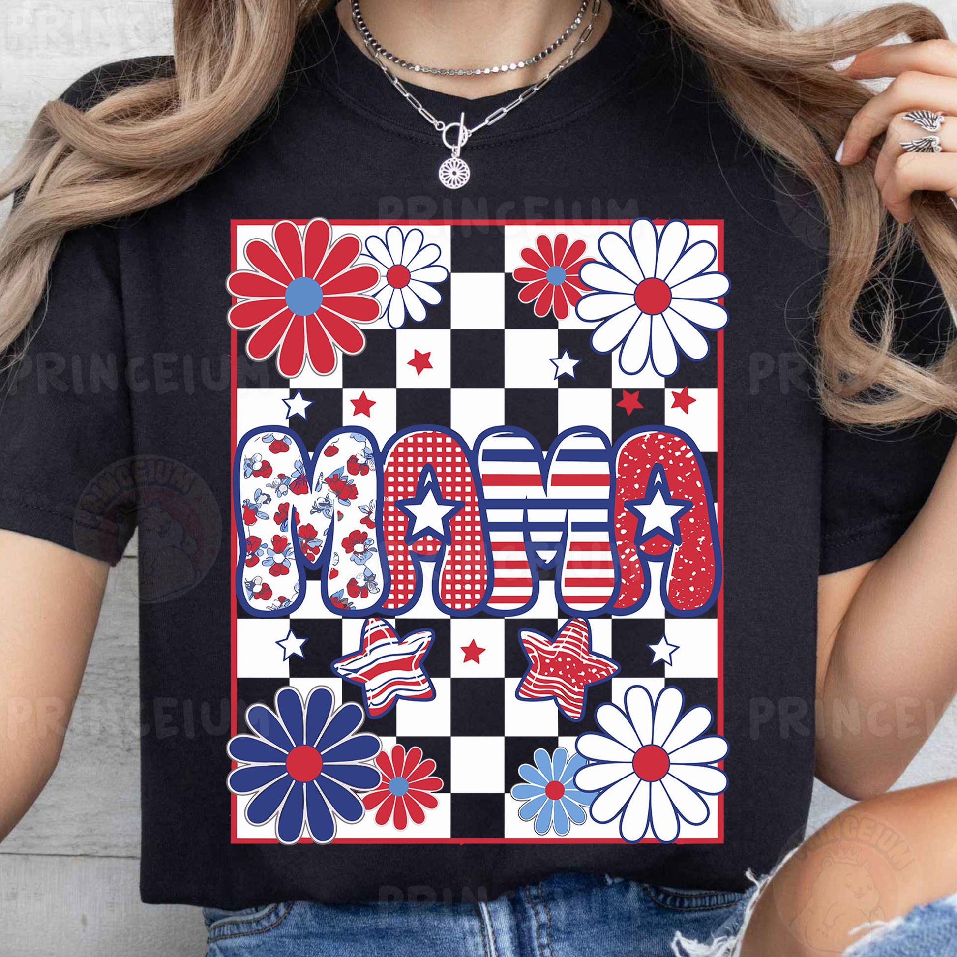 a woman wearing a black t - shirt with the word usa on it