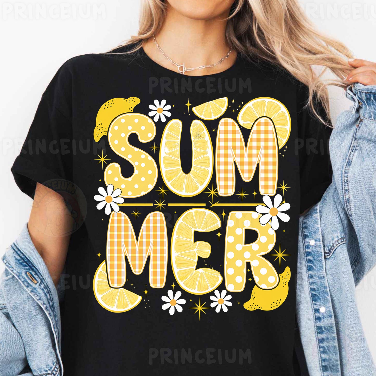 a woman wearing a black shirt that says summer