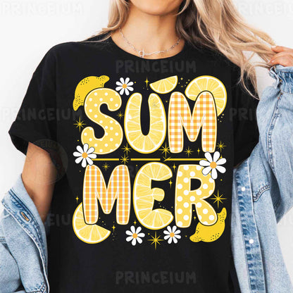 a woman wearing a black shirt that says summer