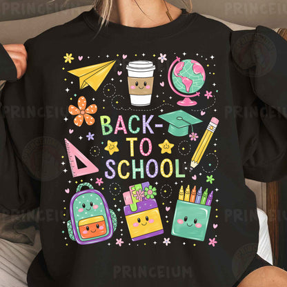 a woman wearing a black back to school shirt