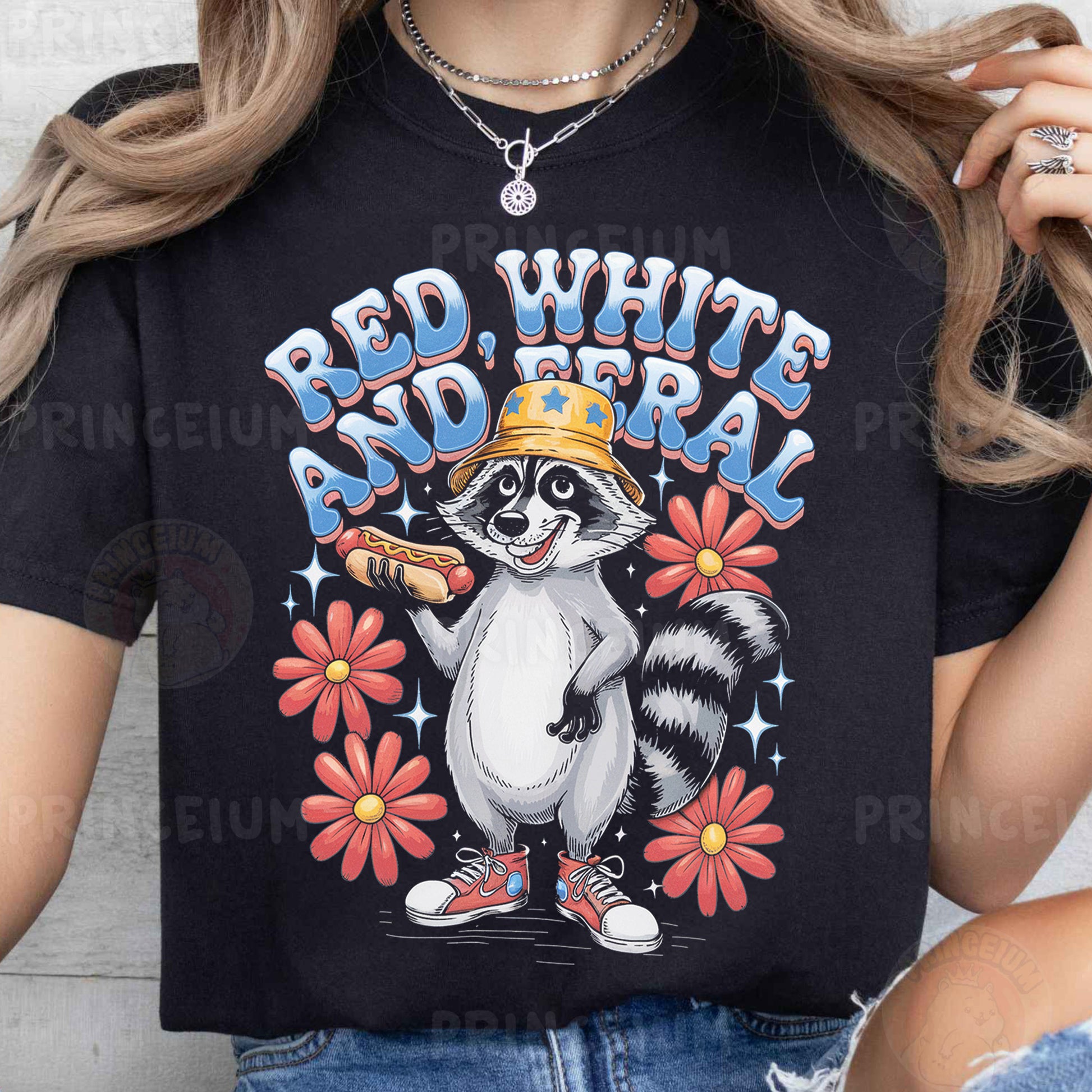 a woman wearing a red, white and blue raccoon t - shirt
