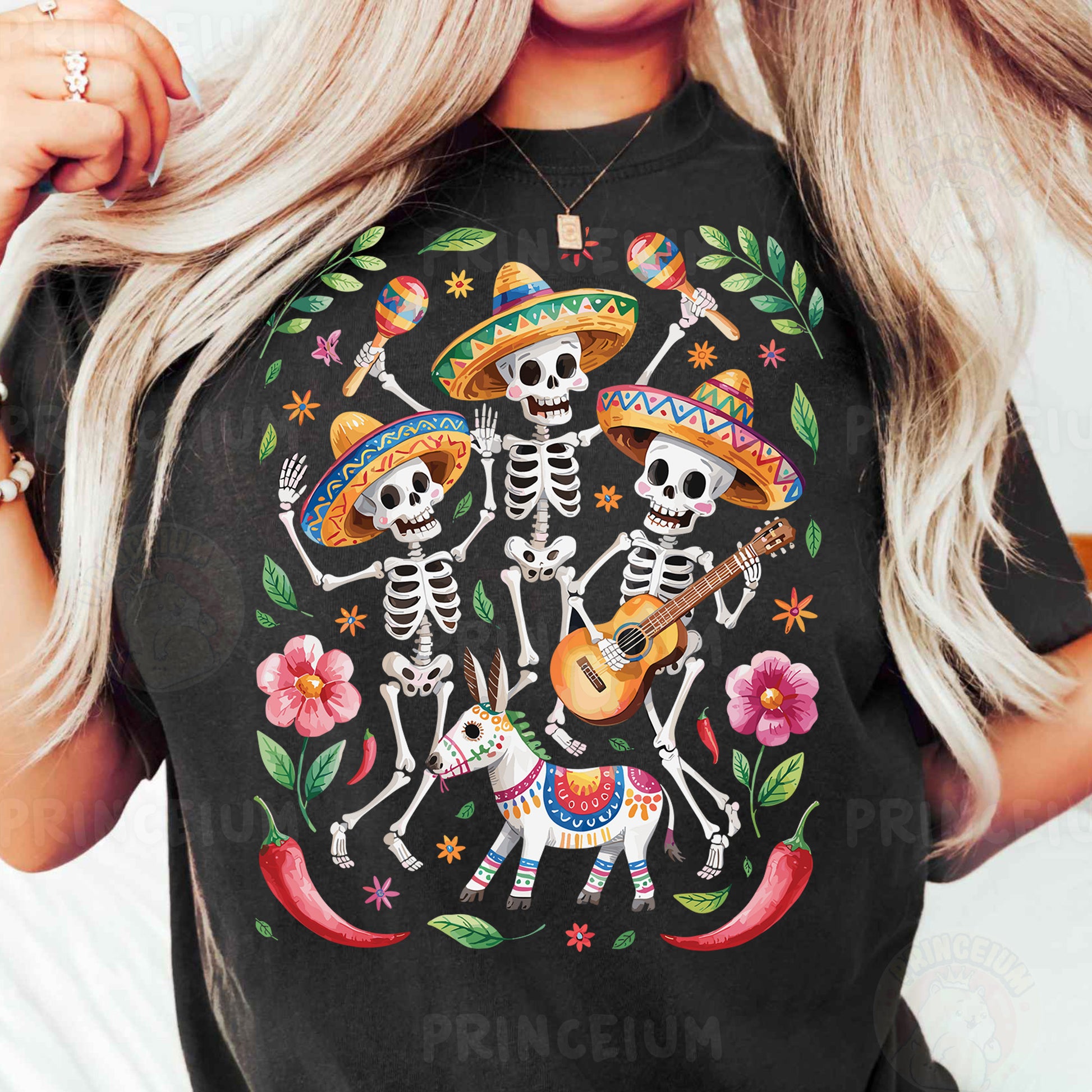 a woman wearing a mexican skeleton t - shirt