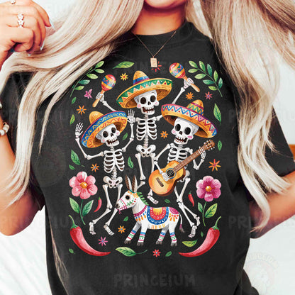 a woman wearing a mexican skeleton t - shirt