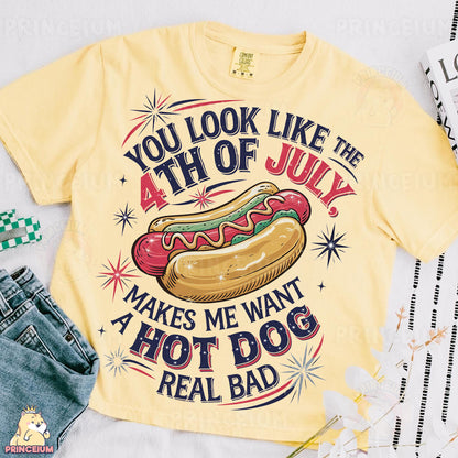 a yellow shirt with a hot dog on it