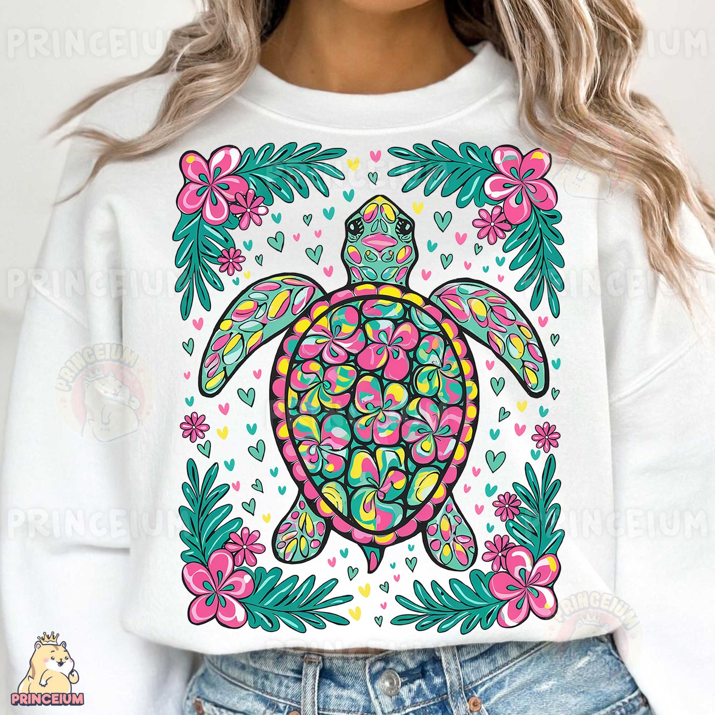a woman wearing a white shirt with a turtle on it