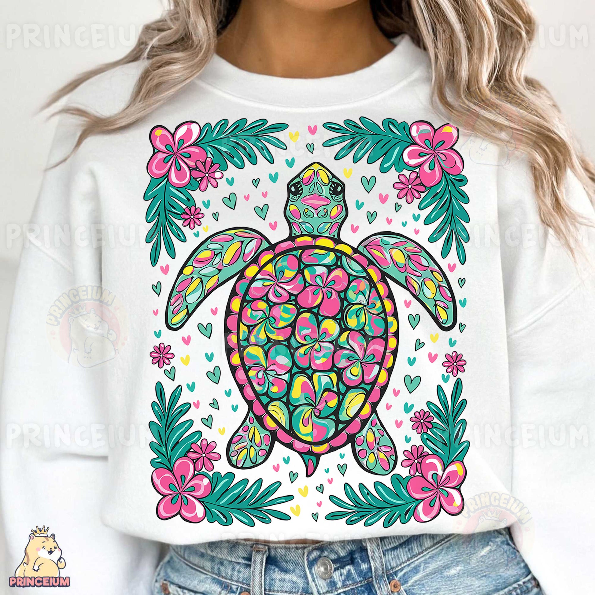 a woman wearing a white shirt with a turtle on it
