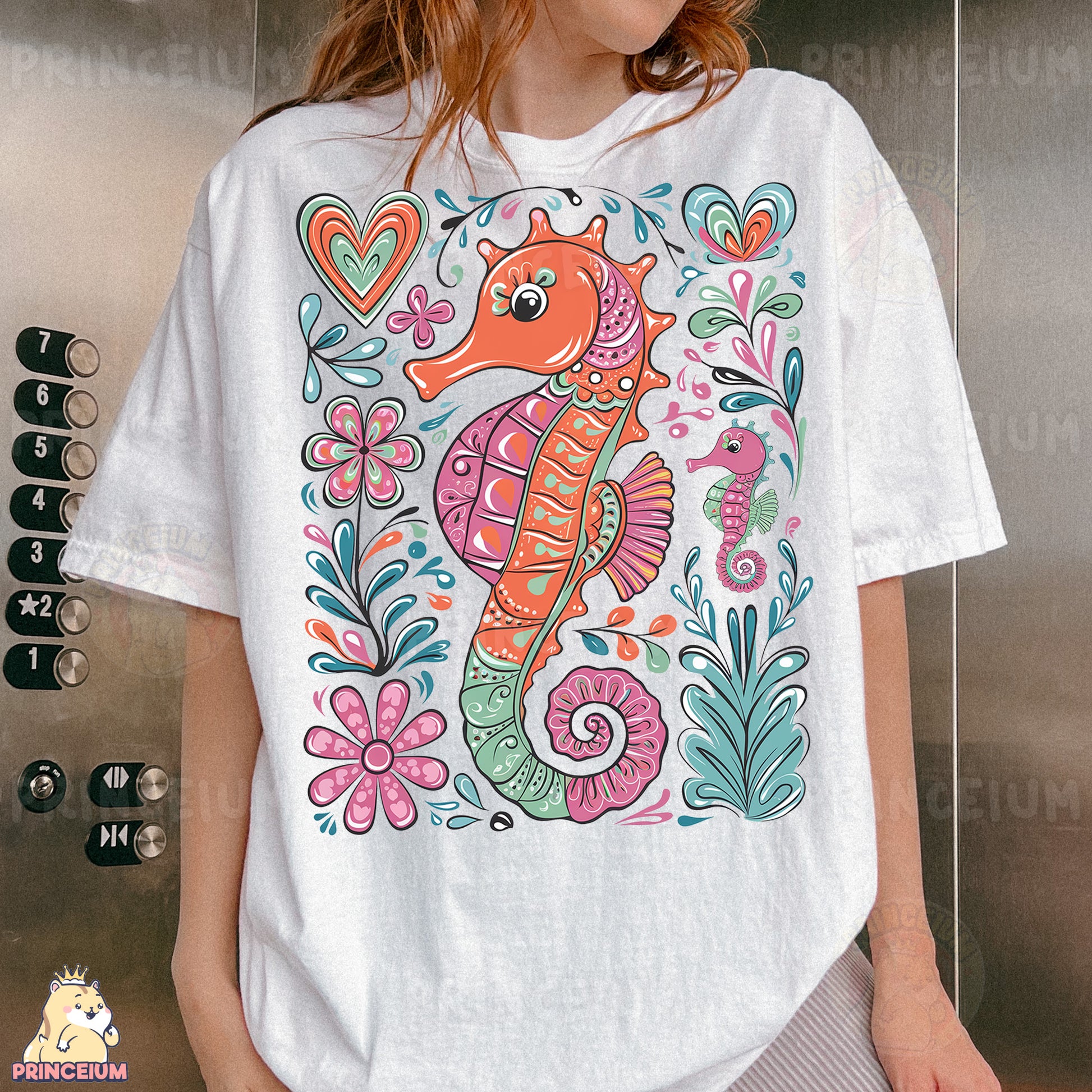a woman wearing a t - shirt with a sea horse on it