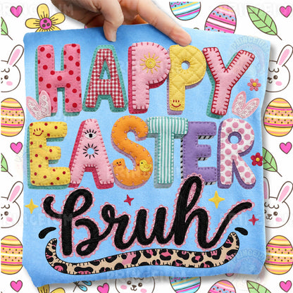 Happy Easter Bruh PNG, Patchwork Bunny Lettering Art, Cute Funny Easter Quote Clipart