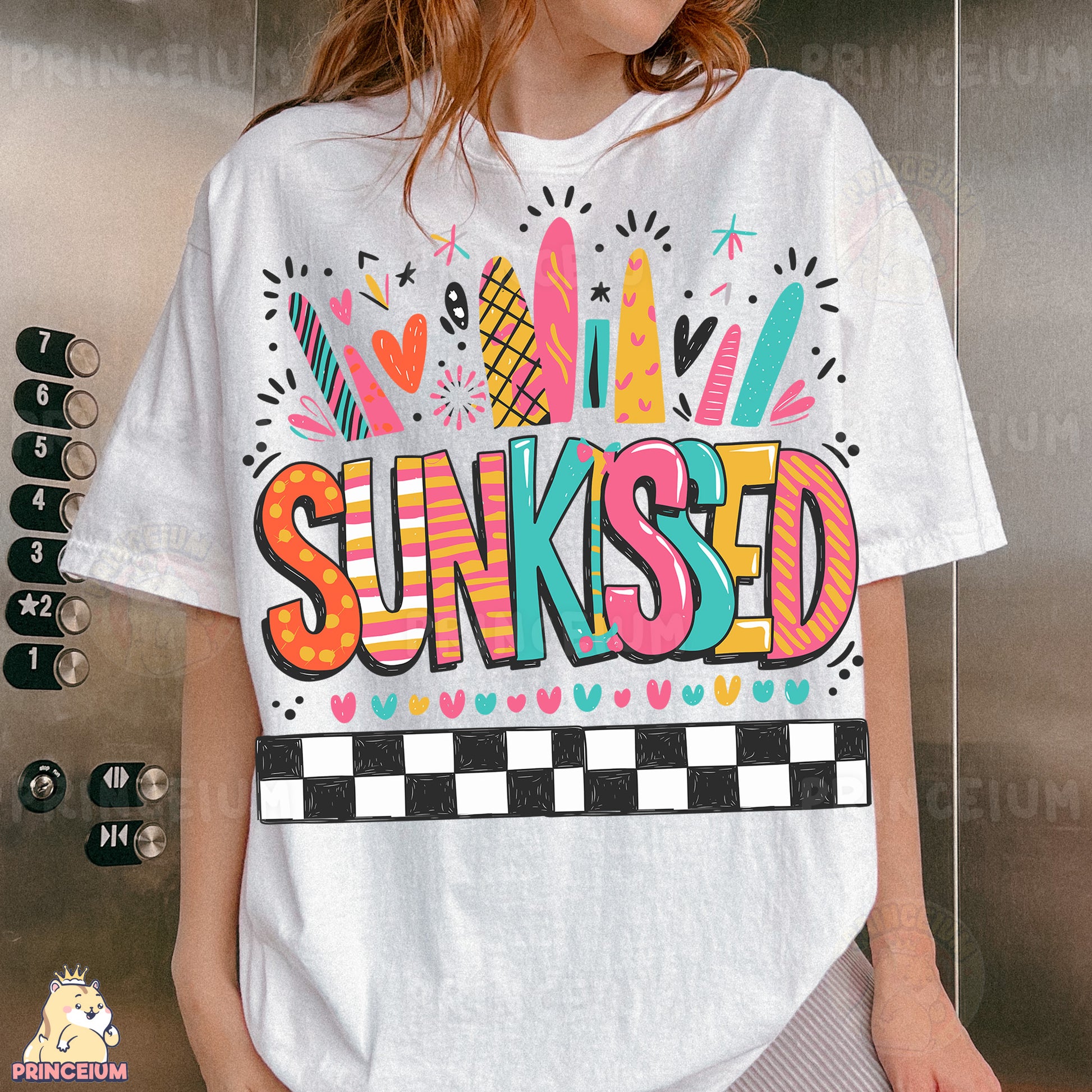 a woman standing in front of a stainless steel wall