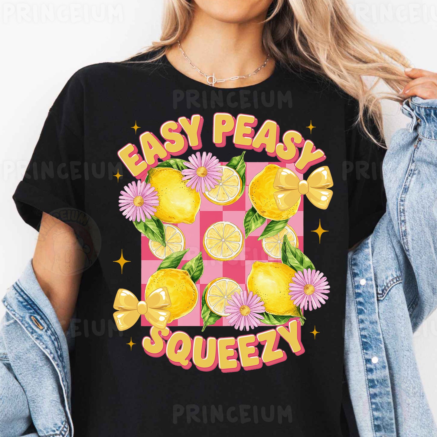 a woman wearing a t - shirt that says easy peas squeezey