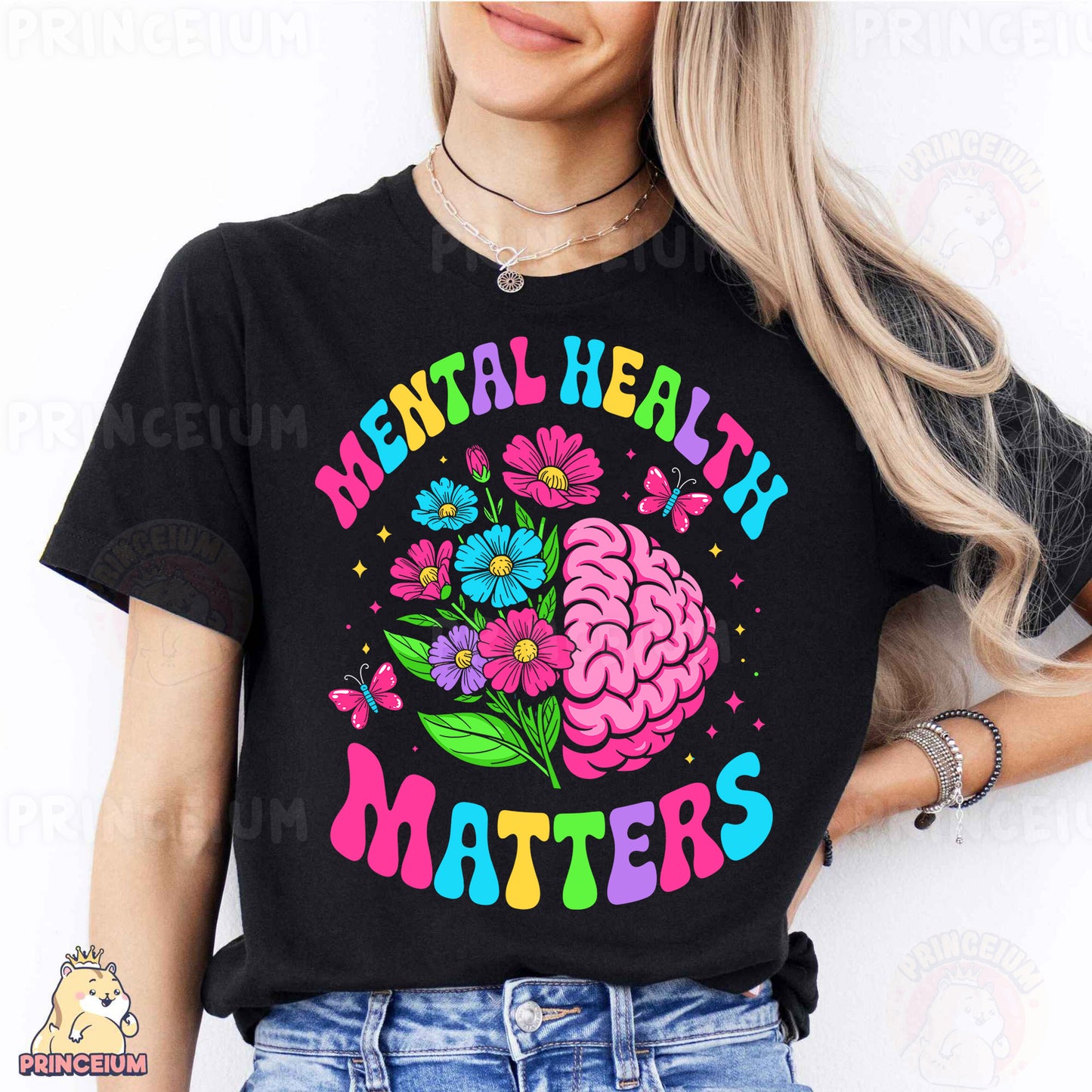 a woman wearing a t - shirt that says mental health matters
