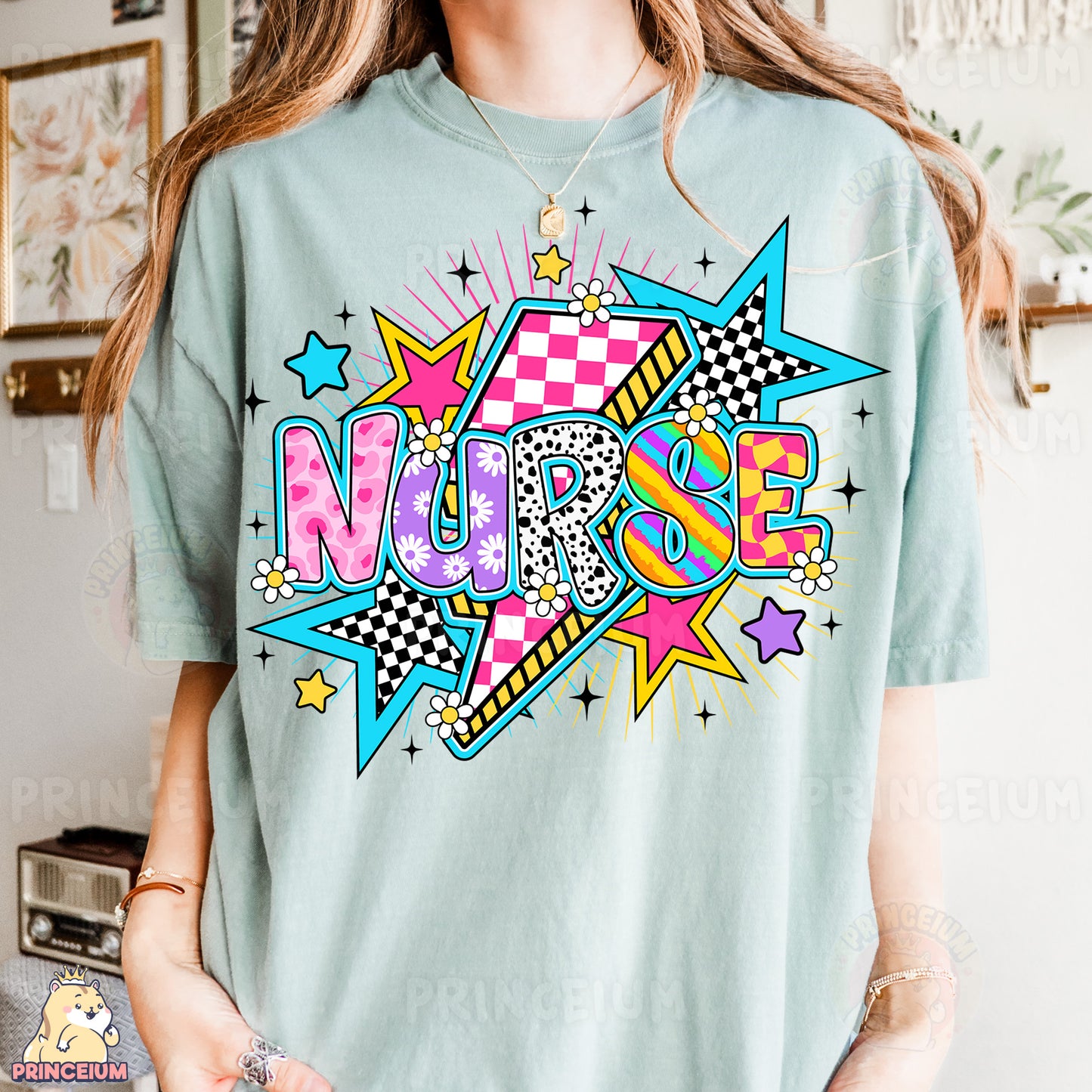 a woman wearing a t - shirt with a design on it