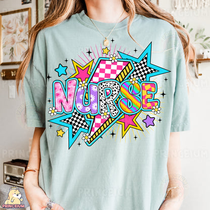 a woman wearing a t - shirt with a design on it