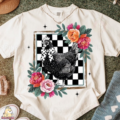 a t - shirt with a chicken and flowers on it