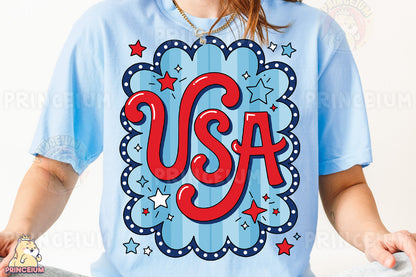 a woman wearing a blue usa t - shirt with stars