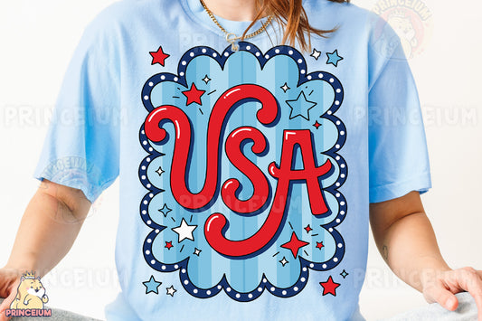 a woman wearing a blue usa t - shirt with stars