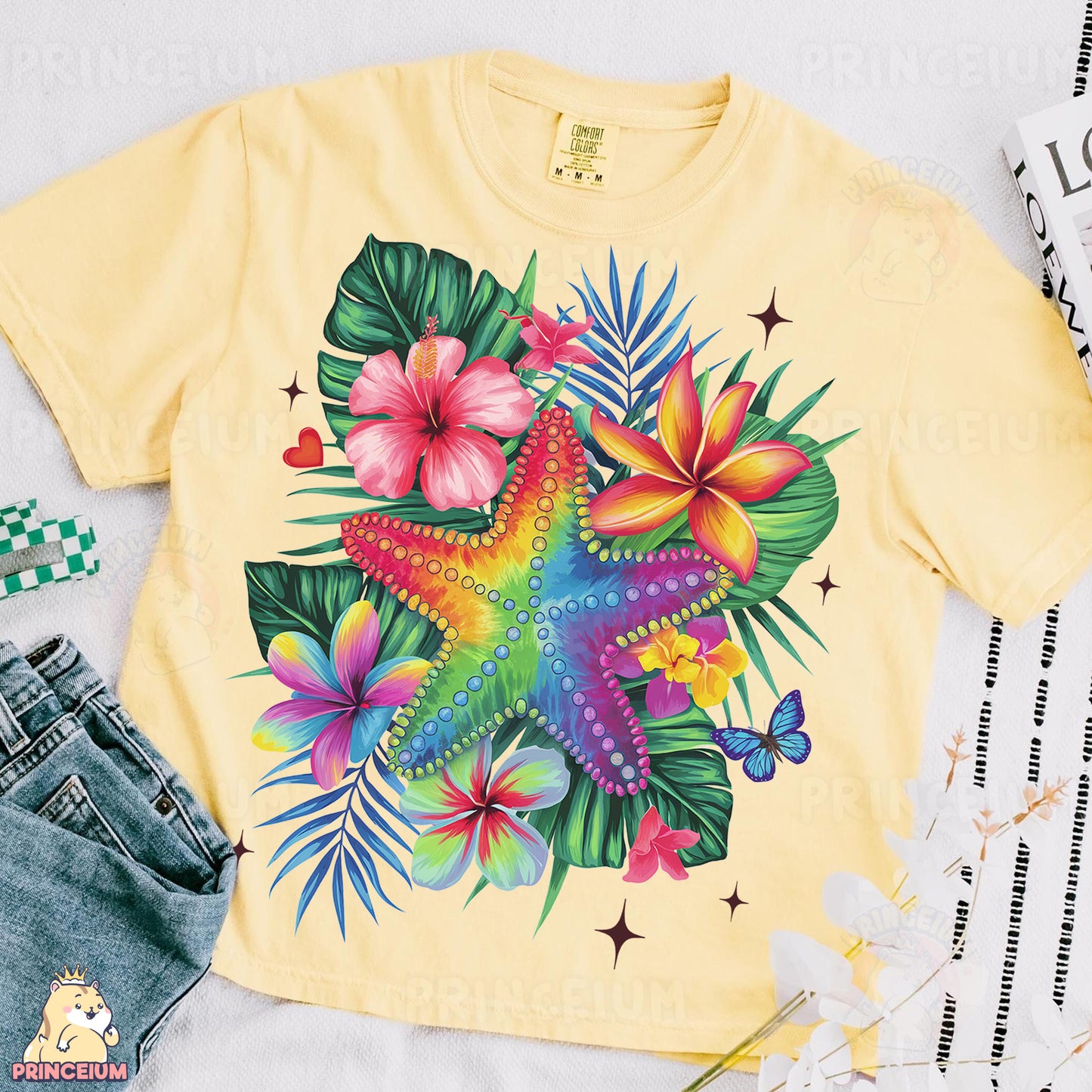 a t - shirt with a starfish and tropical flowers on it