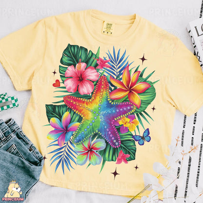 a t - shirt with a starfish and tropical flowers on it
