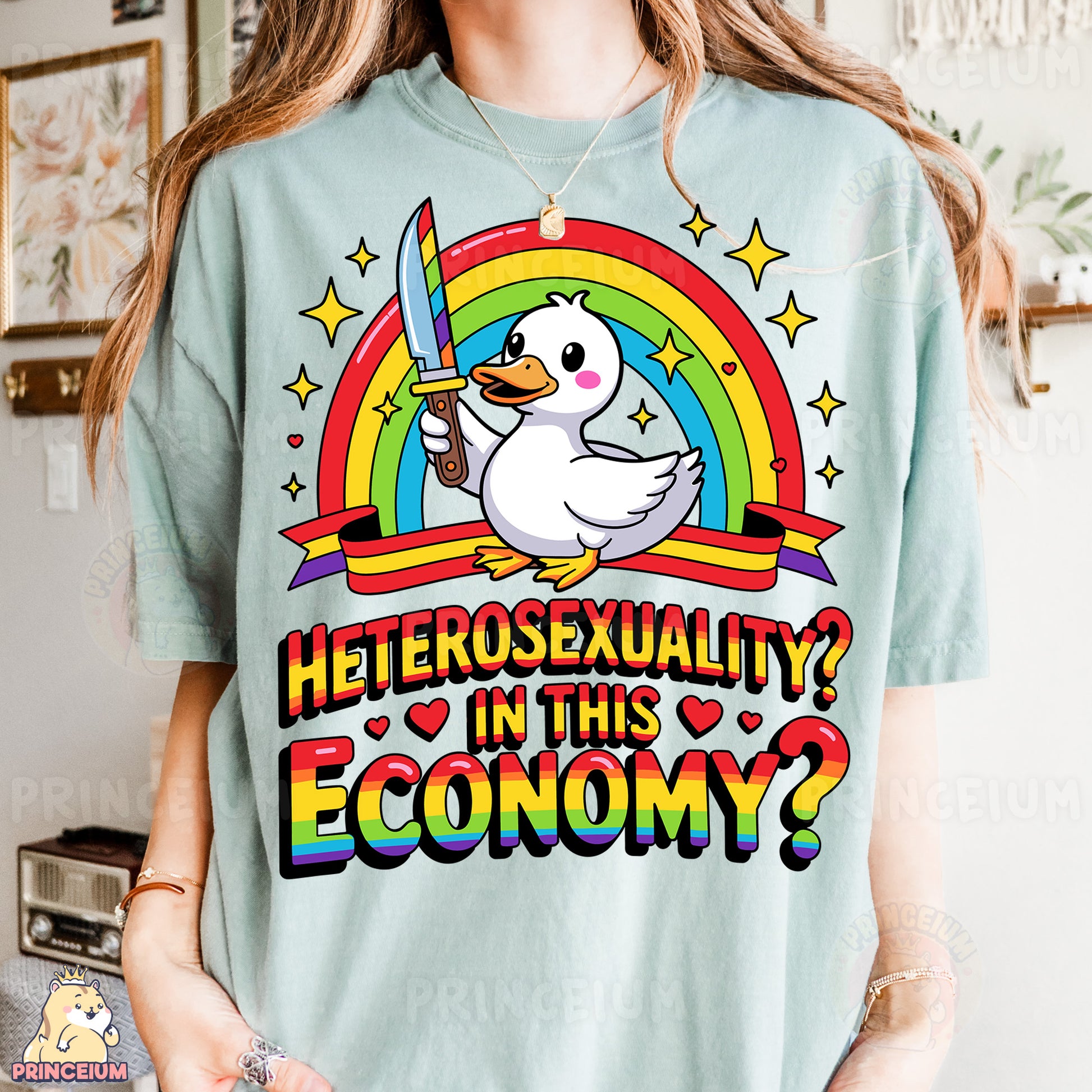 a woman wearing a t - shirt with a duck on it