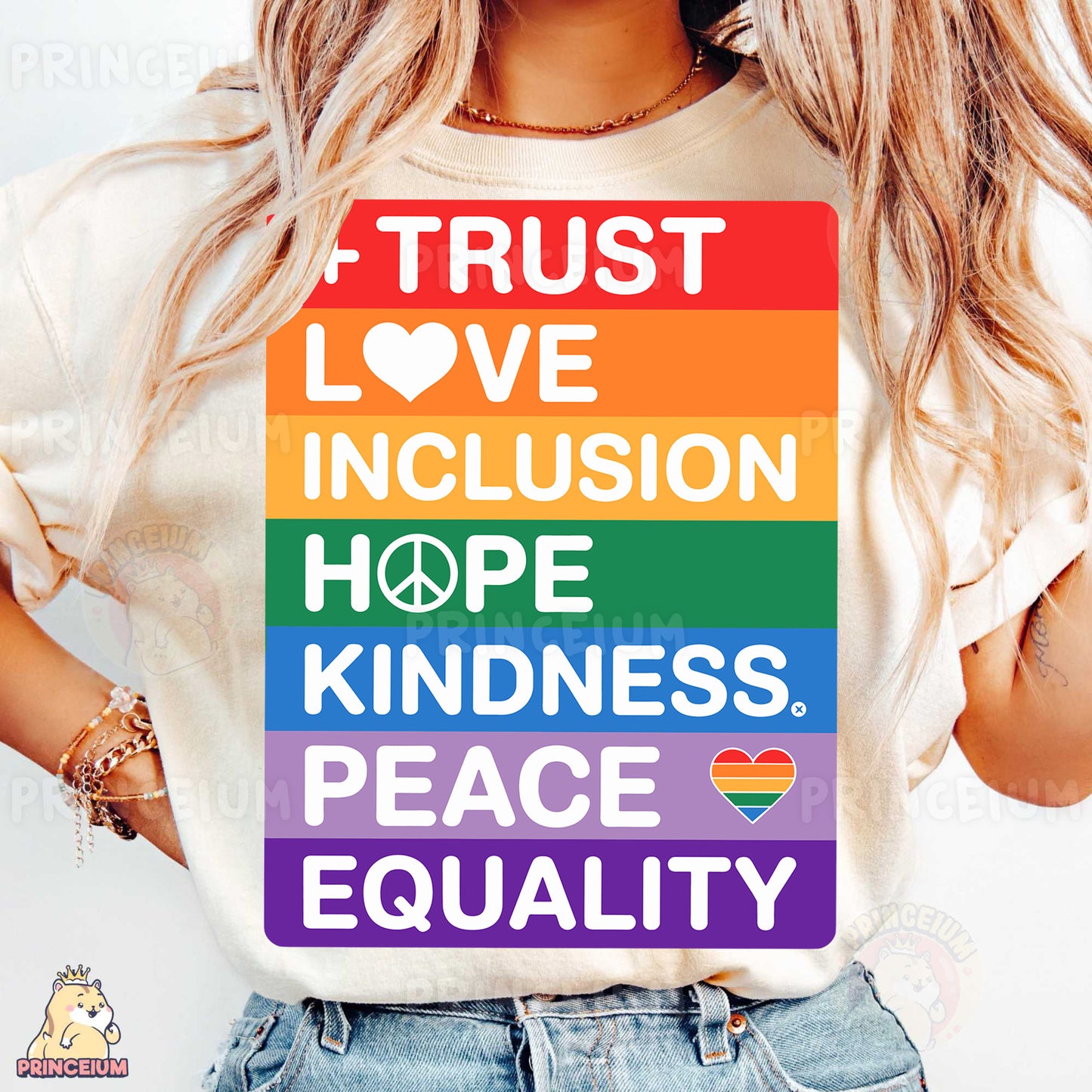 a woman wearing a t - shirt that says trust love, love, inclusion