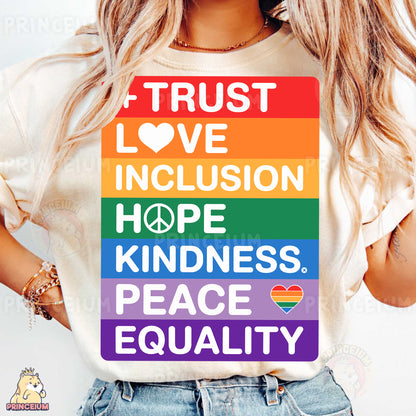 a woman wearing a t - shirt that says trust love, love, inclusion