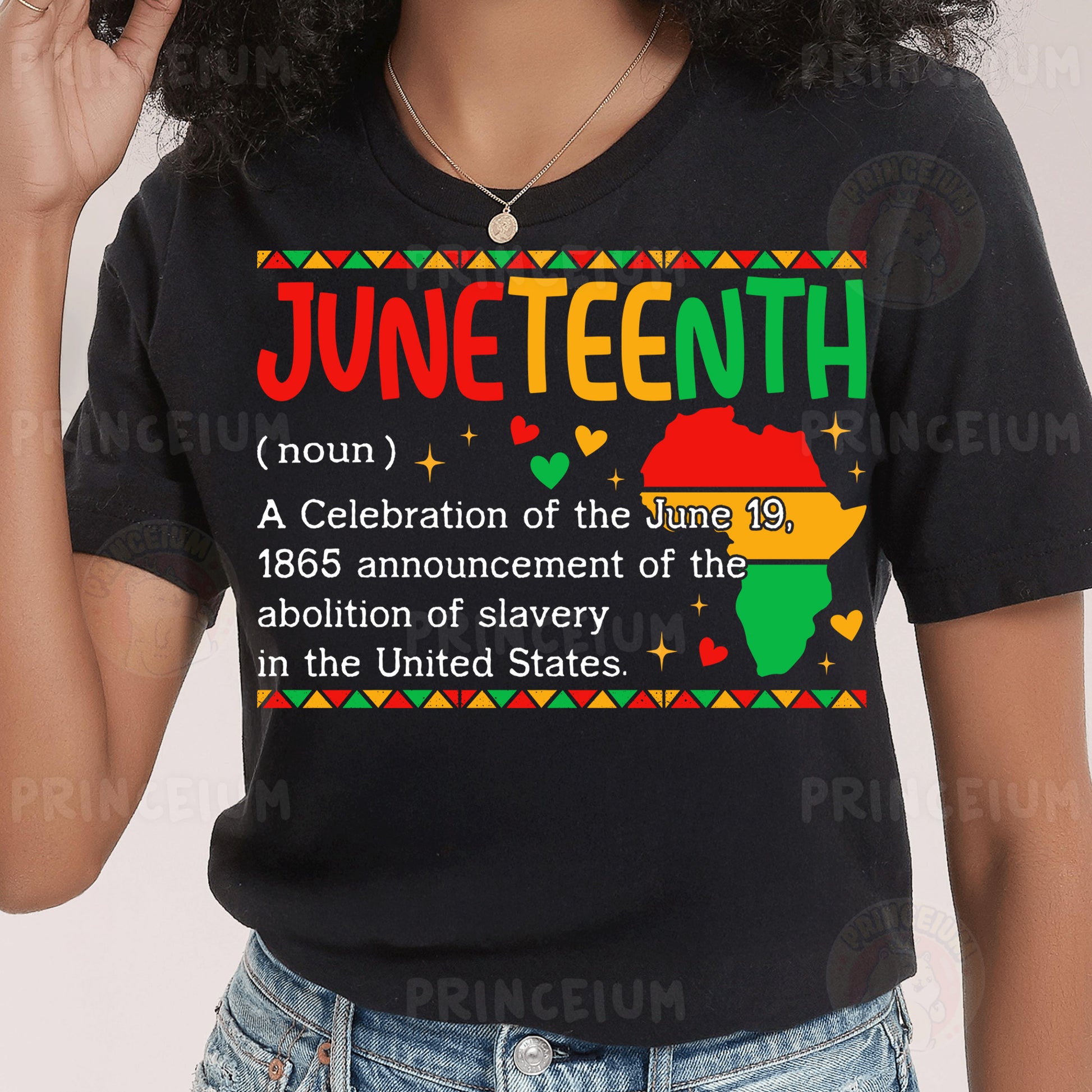 a woman wearing a t - shirt that says juneteeth